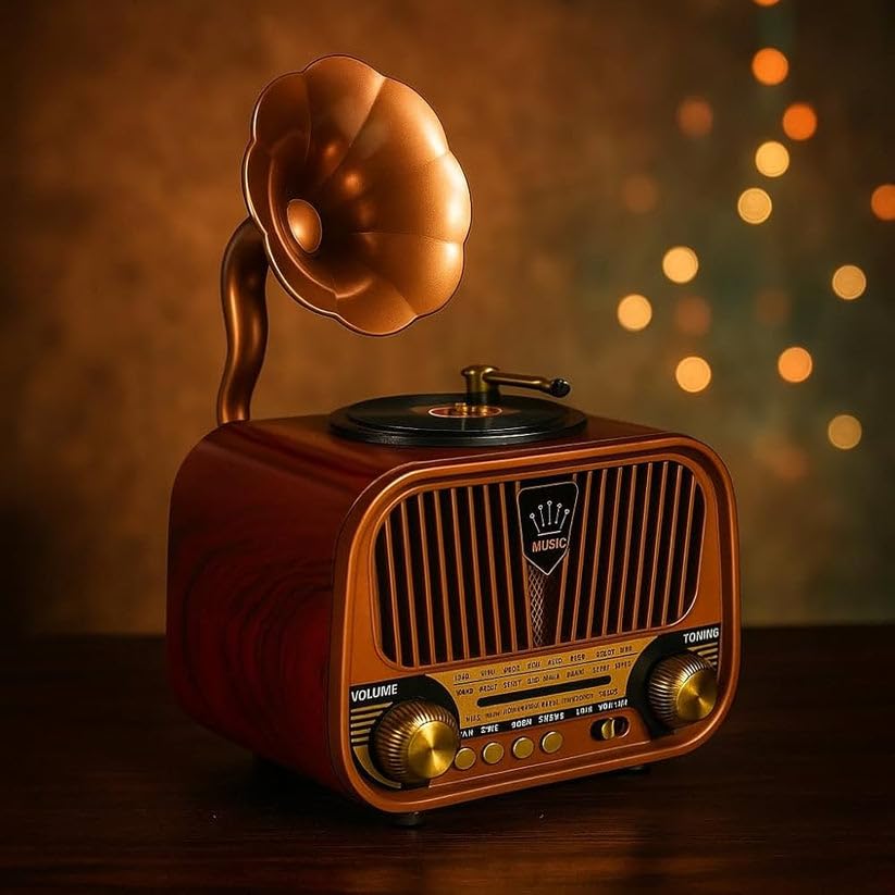 Grammy: Retro Gramophone Bluetooth Speaker with Classic Horn Design, Portable Music Player with FM/AM/SW Radio, USB & TF Card Support, Deep Bass Sound