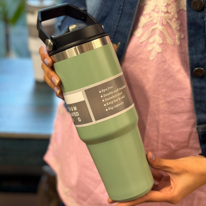 Stan: 900ml Leakproof & Insulated Stainless Steel Tumbler with Handle, Straw & Double-Wall Design for Hot & Cold Drinks