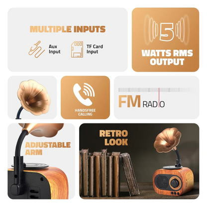 JukeMini: Retro Vinyl Bluetooth Speaker with Loud Sound, Physical Knob Control, FM Radio, USB & Aux, 5W Output, Vintage Design & Hands-Free Calling