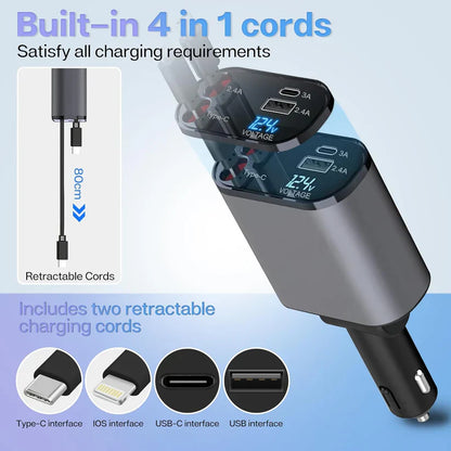 Terminal: 120W 4-in-1 Retractable Car Charger with Voltmeter, QC & PD Fast Charging, Dual USB Ports & Built-In Type-C + Lightning Cables