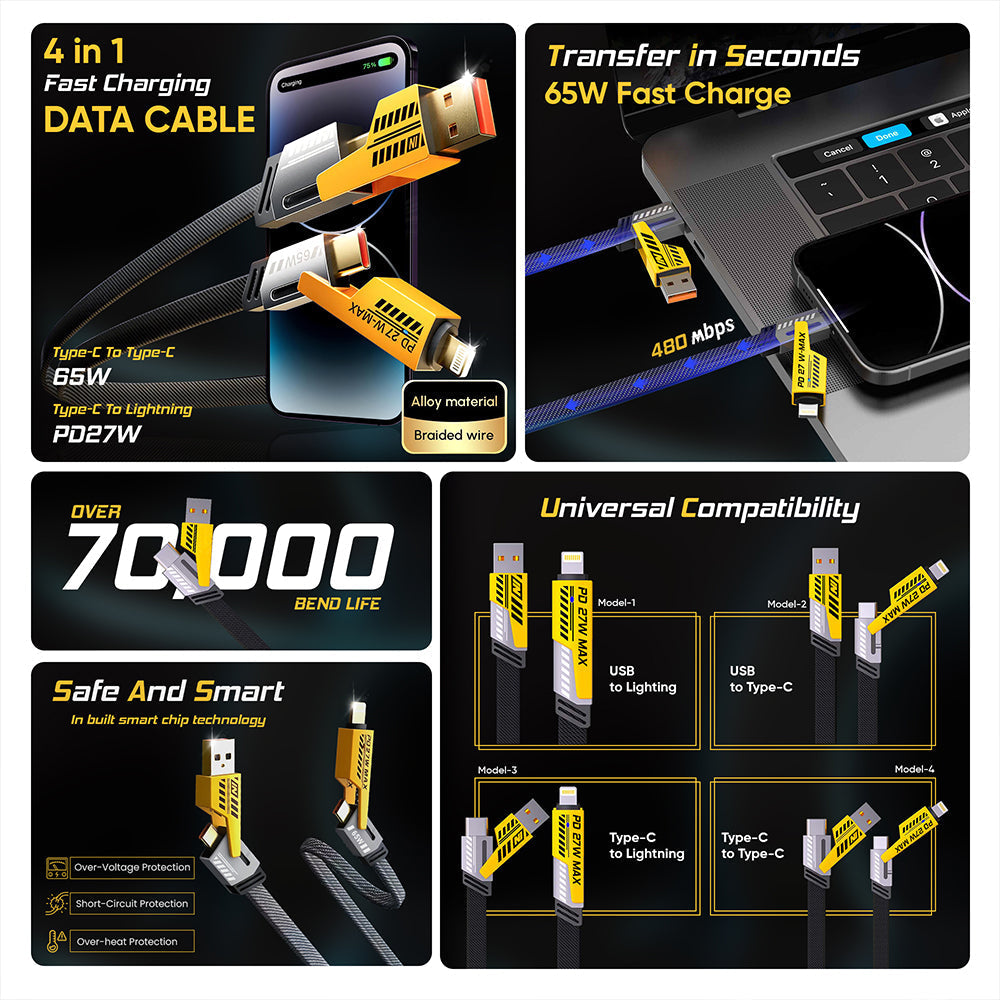 SpeedLink: 4-in-1 65W Fast Charging Data Cable with USB-A, Type-C & Lightning Connectors for High-Speed Charging & Data Transfer