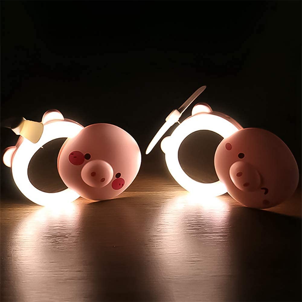 Snouty: 2-in-1 USB Rechargeable Piggy Mini Fan with LED Mirror Light, Cute Handheld Makeup Mirror & Portable Cooling Fan for Daily Use & Travel