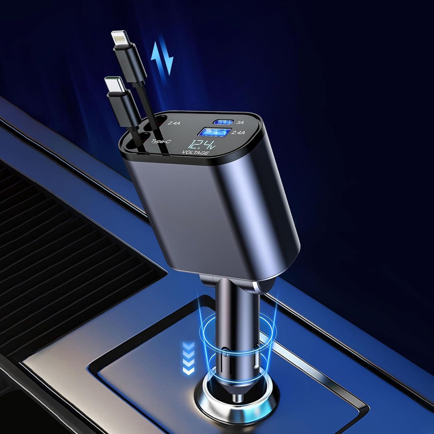 Terminal: 120W 4-in-1 Retractable Car Charger with Voltmeter, QC & PD Fast Charging, Dual USB Ports & Built-In Type-C + Lightning Cables