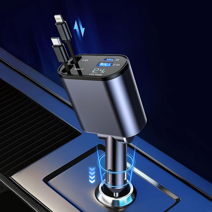 Terminal: 120W 4-in-1 Retractable Car Charger with Voltmeter, QC & PD Fast Charging, Dual USB Ports & Built-In Type-C + Lightning Cables
