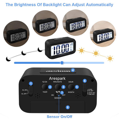 Snoozy: LCD Digital Alarm Clock with Multifunction Display, Large Screen Desk & Travel Clock with Snooze, Date, Temperature & Night Light