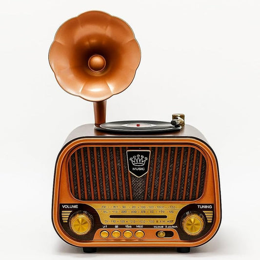 Grammy: Retro Gramophone Bluetooth Speaker with Classic Horn Design, Portable  Music Player with FM/AM/SW Radio, USB & TF Card Support, Deep Bass Sound