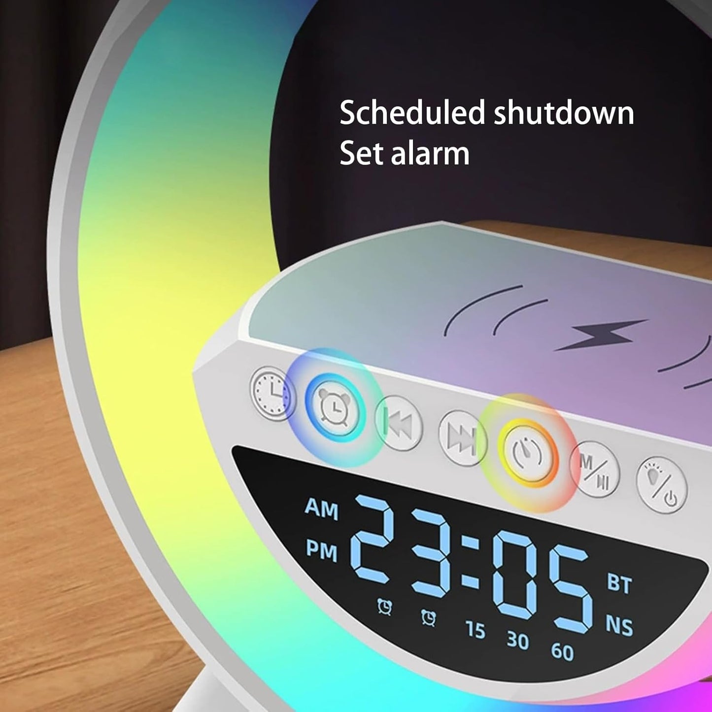 Gooble: Full Size G-Shaped RGB Atmosphere Lamp with 15W Wireless Charger, Bluetooth Speaker, Clock & Interactive Desk Light for Bedside & Room Décor