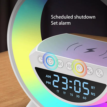 Gooble: Full Size G-Shaped RGB Atmosphere Lamp with 15W Wireless Charger, Bluetooth Speaker, Clock & Interactive Desk Light for Bedside & Room Décor