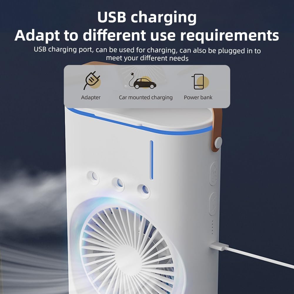 Breezo: Rechargeable Dual-Fan Air Cooler with Mist Spray – High Power Oscillating Mini AC with Remote, USB-C Charging, RGB Lights & Cold Air Blower for Home & Travel