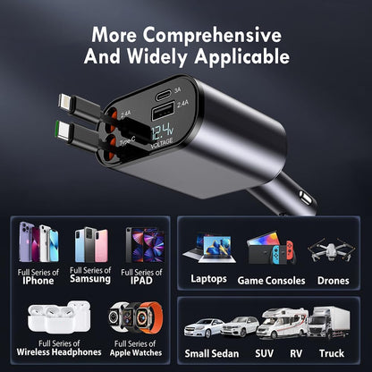 Terminal: 120W 4-in-1 Retractable Car Charger with Voltmeter, QC & PD Fast Charging, Dual USB Ports & Built-In Type-C + Lightning Cables
