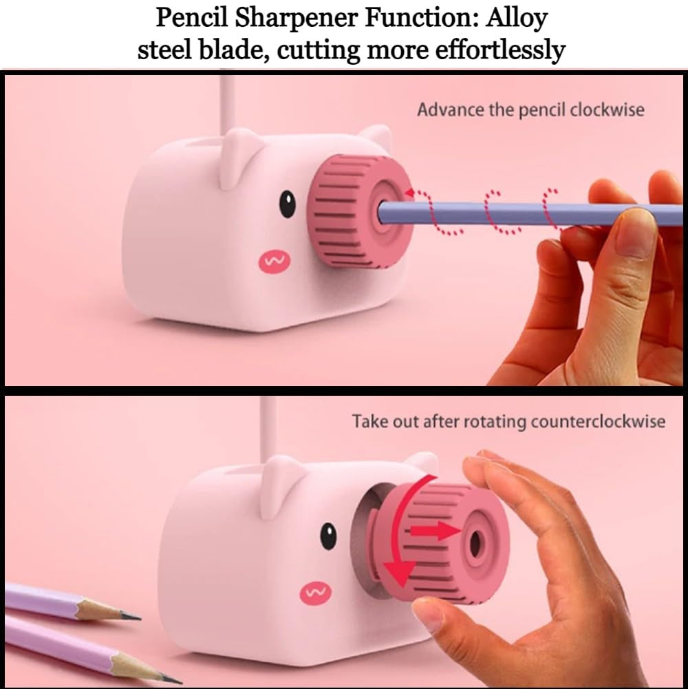 Snortie: Rechargeable LED Table Lamp with Cute Pig Design, Eye-Friendly Study Light with Pen Holder, Sharpener & Camera-Style Look for Kids’ Desk