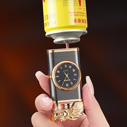 Draco: Windproof Dual Flame Refillable Lighter with Built-in Watch, Dragon Embossed Design & Bold Metal Finish for Collectors & Gifting