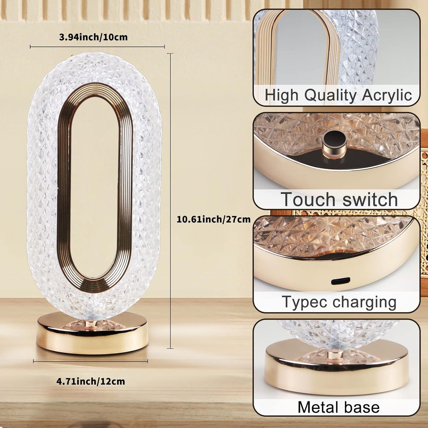 Crysta: Dimmable Touch Control Crystal Table Lamp with USB Rechargeable LED & Elegant Oval Design for Home, Bedroom & Décor