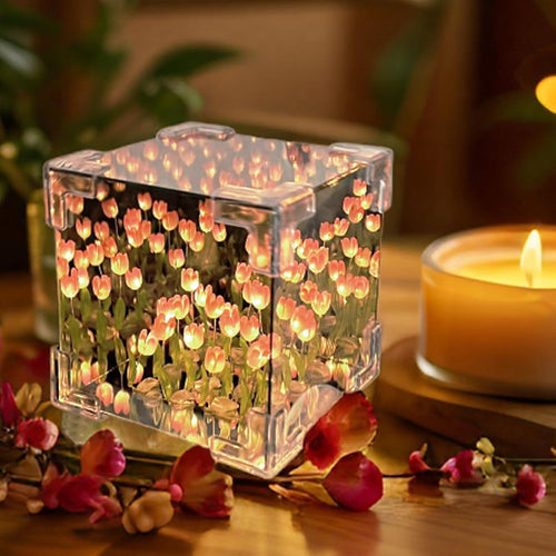 GlowCraft: DIY Infinite Mirror Tulip Lamp with 3D LED Flower Lights for Tabletop Décor & Unique Gifting