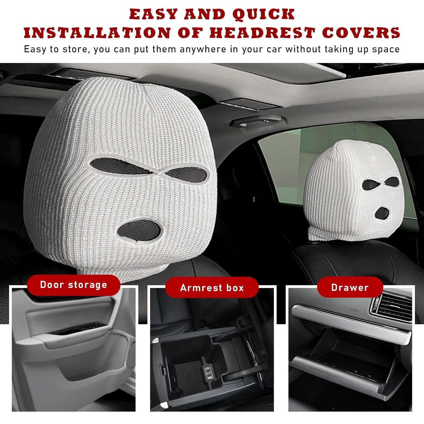 Mugz: Car Seat Mask Headrest Covers (Set of 2) – Universal Fit for Car Interiors, Powerful Decoration & Headrest Protection