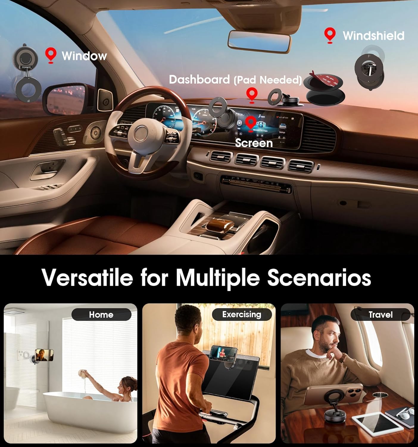 MagStik: Magnetic Vacuum Suction Phone Mount, 360° Rotating Car Phone Holder with Hands-Free Secure Grip for Dashboard, Windshield, Gym & Mirror
