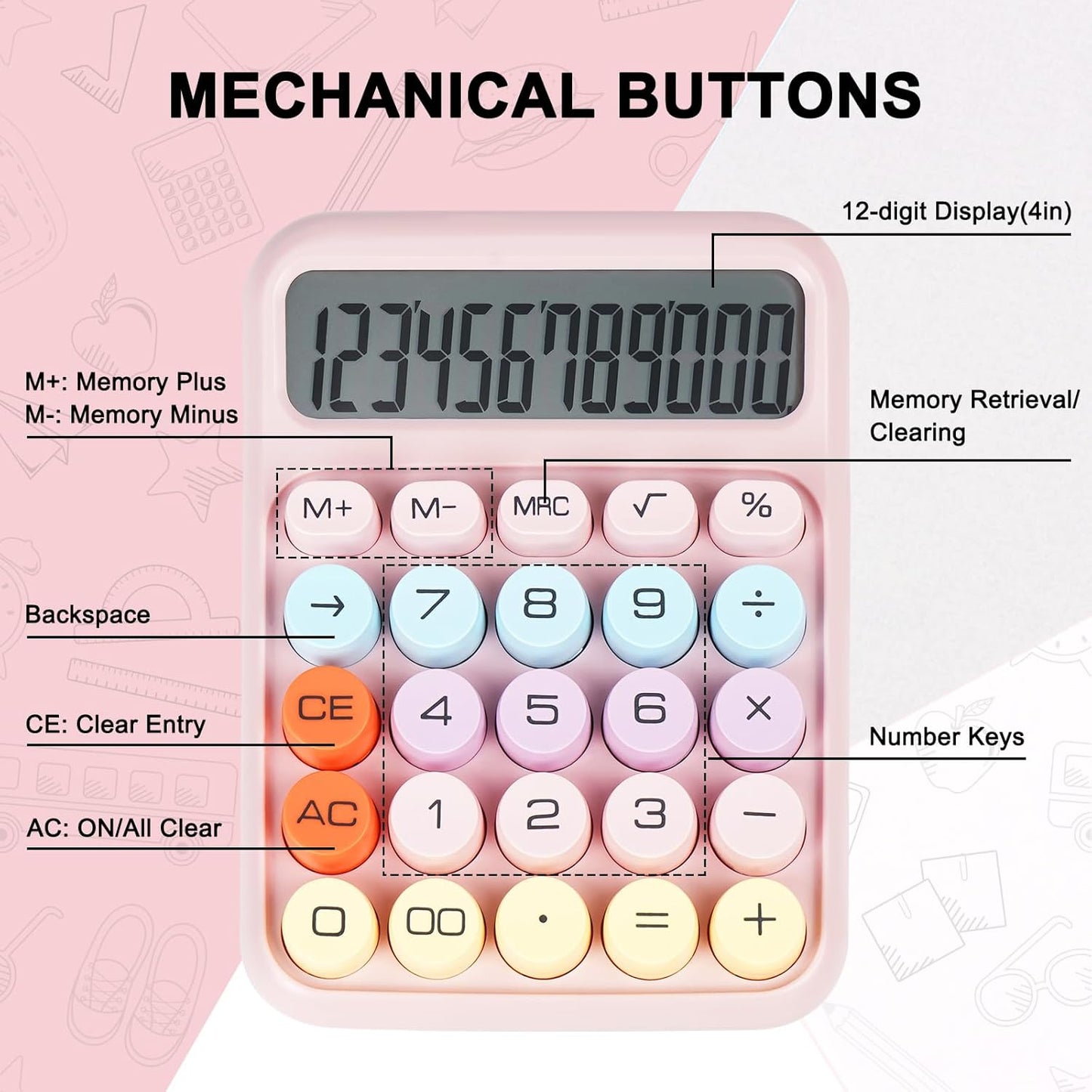 Pastel: Cute & Quirky Aesthetic Calculator with 12-Digit Display, Large Buttons & Pastel Color Design for Office & Students
