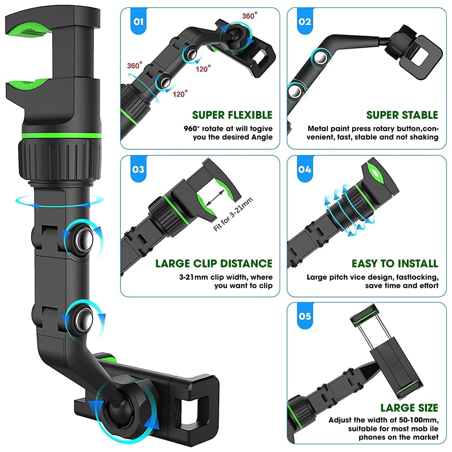 Holdit: Universal Multi-Joint Rearview Mirror Phone Holder, 360° Adjustable Car Mount for Car & Hands-Free Use