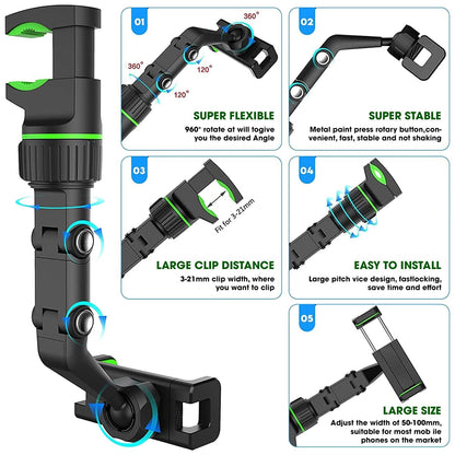 Holdit: Universal Multi-Joint Rearview Mirror Phone Holder, 360° Adjustable Car Mount for Car & Hands-Free Use