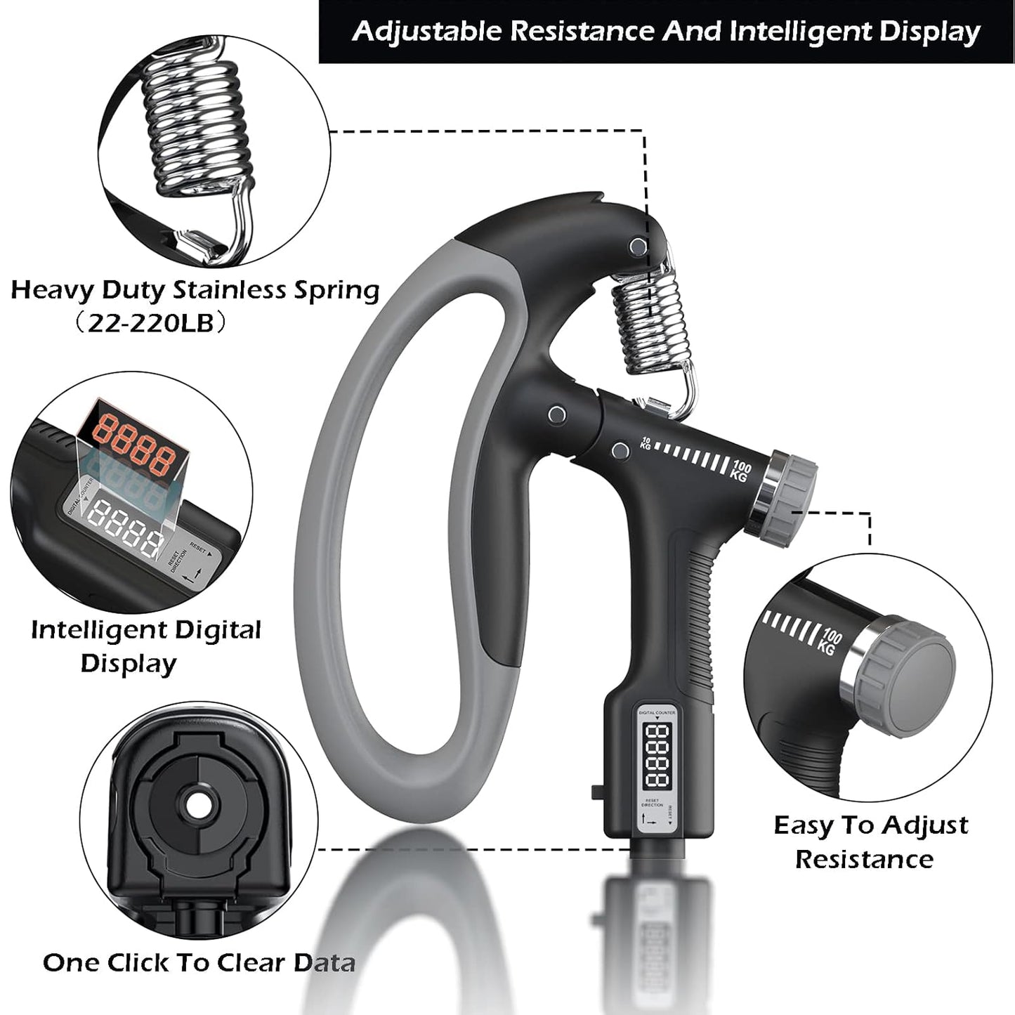 Grippy: Adjustable Hand Grip Strengthener with Built-In Counter, 10kg to 100kg Resistance Trainer for Wrist & Forearm Muscle Building