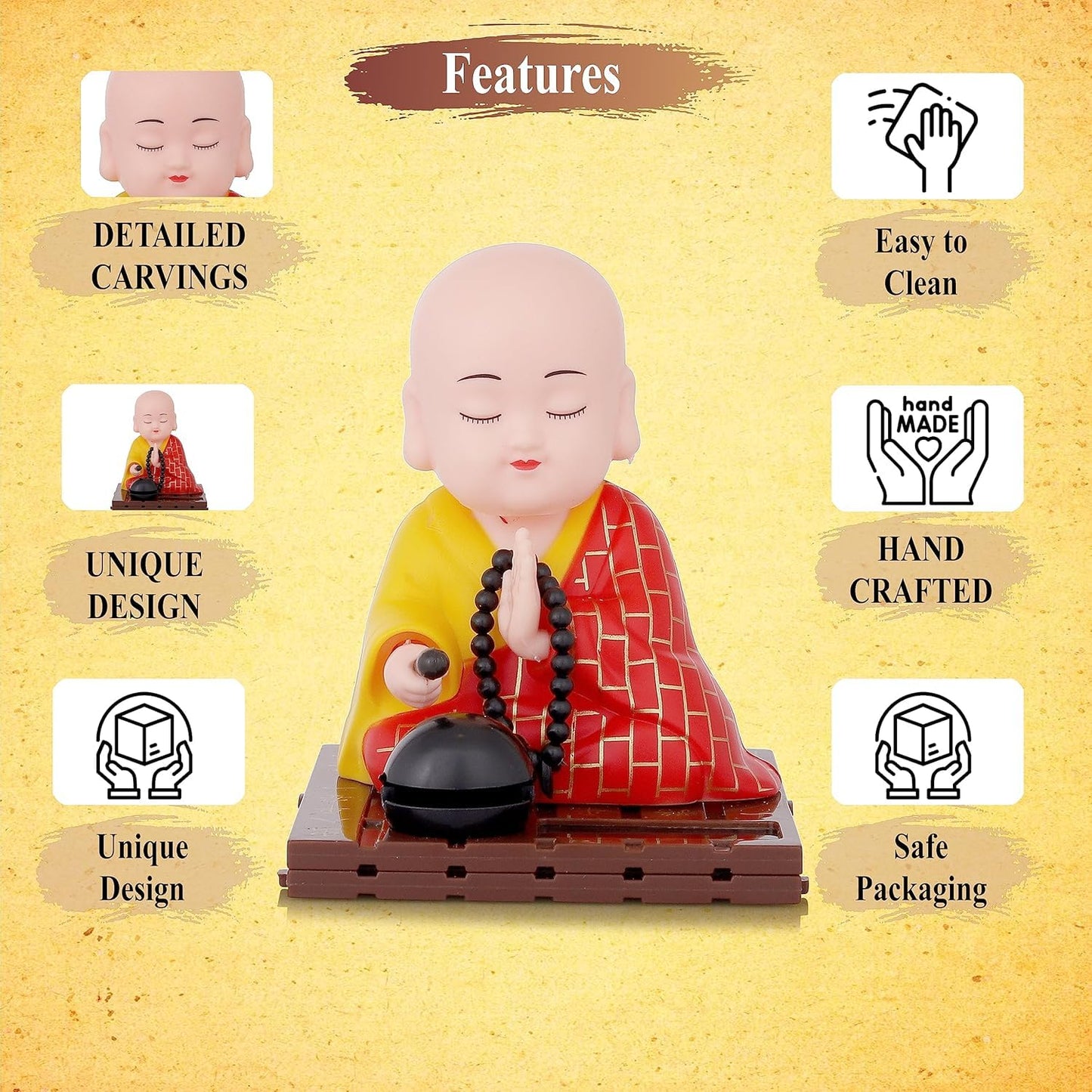 Bodhi: Solar-Powered Moving Buddha Statue, Decorative Dashboard & Tabletop Figurine with Nodding Head and Hand, Perfect for Car, Home & Office Decor Gifting