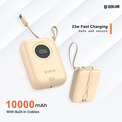 Pebble: 10,000mAh Palm-Sized Power Bank with Built-In Cables, 23W Fast Charging & PD for iPhone & Android