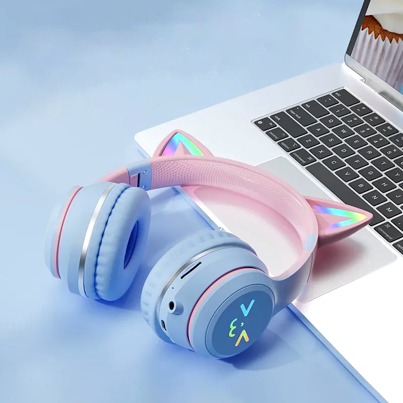 KittyHead: Wireless Cat Ear Headset with RGB LED Lights, Foldable Design headphone for PC, Tablet & Mobile