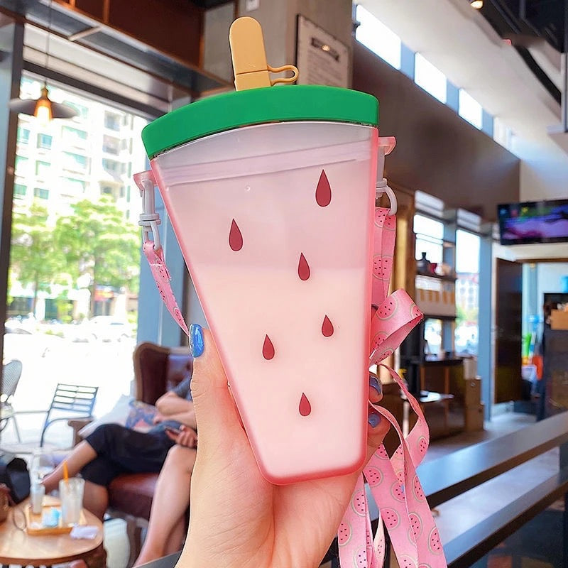 FruitChill: Aesthetic Watermelon Sipper Bottle with Straw & Adjustable Strap – Portable & BPA-Free for Travel & Daily Use