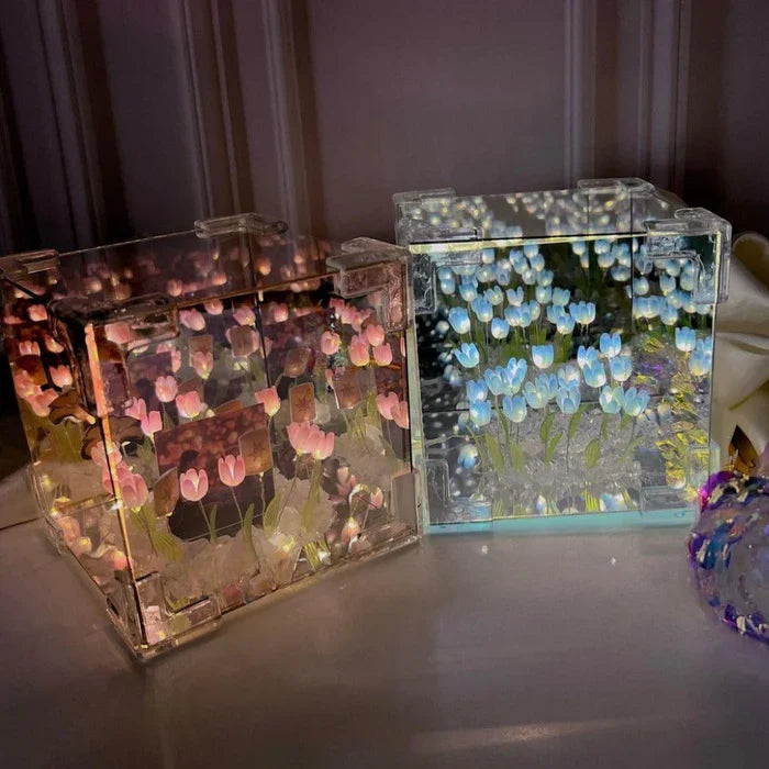 GlowCraft: DIY Infinite Mirror Tulip Lamp with 3D LED Flower Lights for Tabletop Décor & Unique Gifting