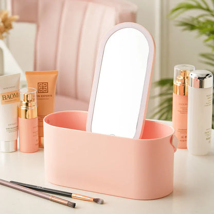 GlowPort: Cosmetic Organiser Box Makeup Storage Case with Detachable LED Mirror & Handle, Portable Vanity Case (USB-C Charging)