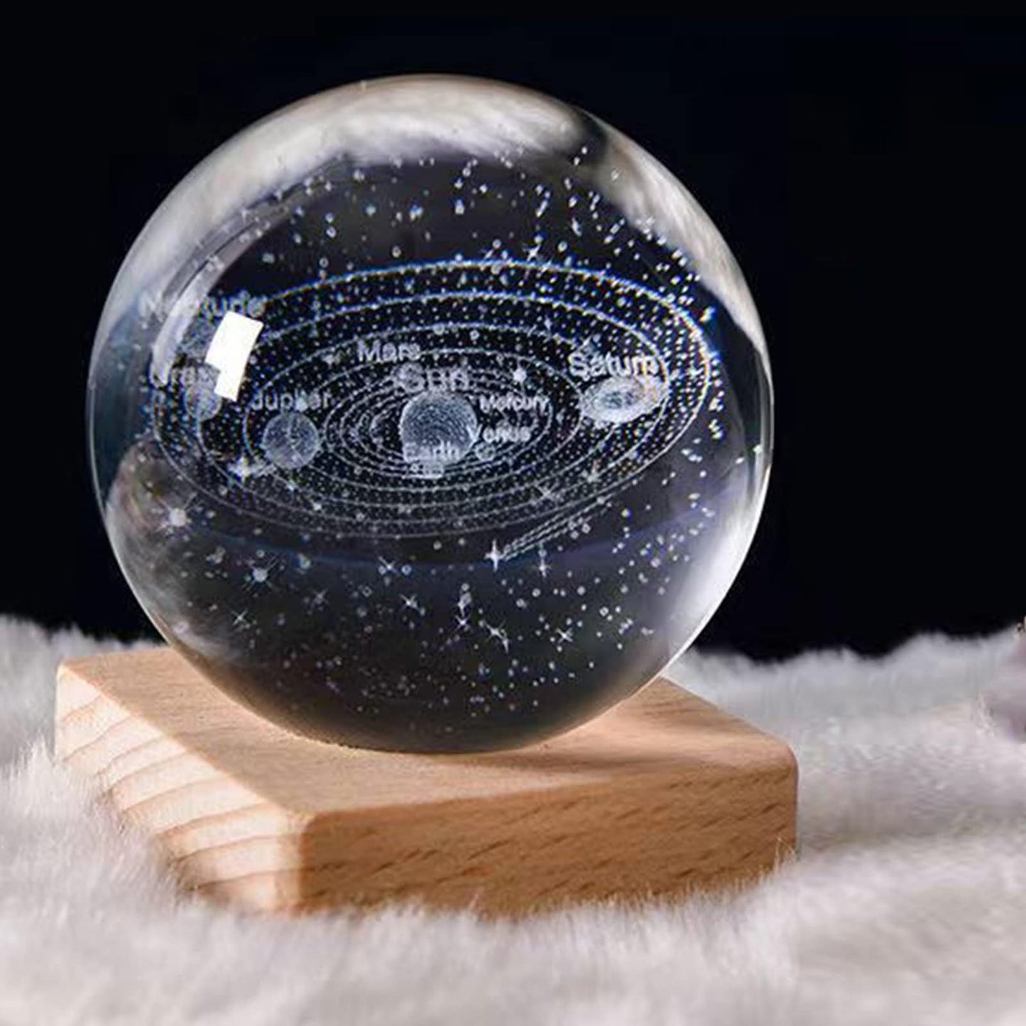 Orbito: 3D Crystal Ball Night Lamp with Engraved Solar System, USB-Powered LED Light with Wooden Base for Home Décor (60mm)